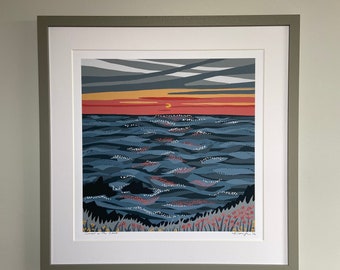 Impresión artística giclée "Atardecer en la costa norte de Devon", edición firmada