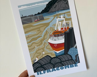 Cartel, “Puerto de Ilfracombe”, arte digital, impresión, norte de Devon