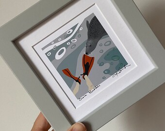 Miniature Art Print “Swim Buddies”, digital, art, signed, mounted, framed