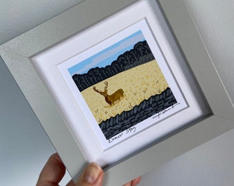 Miniature Art Print “Exmoor Stag”, digital, art, signed, mounted, framed