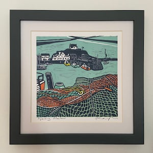 Lino cut “Working Harbour”, Giclee, fine art, high quality print, limited edition, signed, mounted, unframed/framed