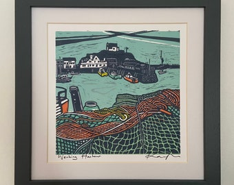 Lino cut “Working Harbour”, Giclee, fine art, high quality print, limited edition, signed, mounted, unframed/framed