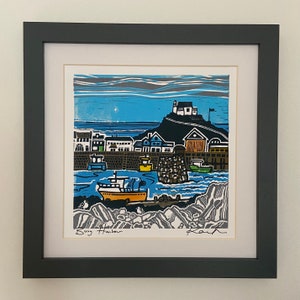 Lino cut “Busy Harbour”, Giclee, fine art, high quality print, limited edition, signed, mounted, unframed.