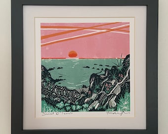 Lino cut “Sunset@Tunnels”, Giclee, fine art, high quality print, limited edition, signed, mounted, unframed/framed