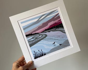 Impresión giclée «Atardecer invernal, estuario de Taw», arte digital original