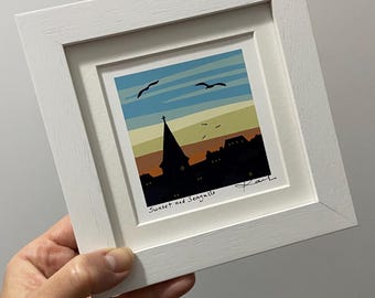 Miniatura, Arte, Giclée, Impresión “Atardecer y Gaviotas”, original, digital, arte, firmado, montado, enmarcado