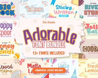 May include: A digital font bundle display featuring the text Adorable Font Bundle 13+ Fonts Included in the center, surrounded by various colorful typographic samples like Big Mock, Tallpen, Sticky Written, River Stone, Poppy Spoor, and Jelly Ball.