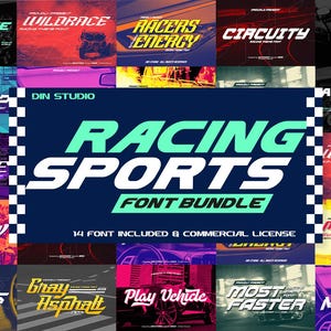 May include: A digital display showcasing the Racing Sports Font Bundle by Din Studio. The central dark blue panel features the text Racing Sports Font Bundle with a checkered border. Surrounding this are 14 distinct font samples.