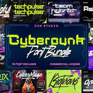 Paquete de fuentes cyberpunk / 16 fuentes tecnológicas futuristas para Canva, Cricut y Procreate