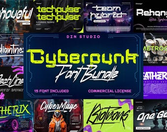 Cyberpunk lettertypenpakket | 16 futuristische tech-lettertypen voor Canva, Cricut en Procreate
