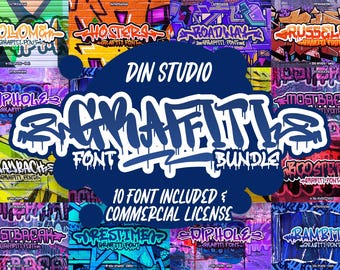 Peut inclure: Un affichage graphique numérique présentant le texte DIN STUDIO GRAFFITI FONT BUNDLE 10 FONT INCLUDED & COMMERCIAL LICENSE. L'arrière-plan se compose d'un collage de divers modèles de lettrage de style graffiti en plusieurs couleurs.