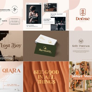 May include: A collection of graphic design branding assets including various company logos, business cards, product packaging, a film poster titled Lost Boy, a shopping bag, cosmetic bottles, and clothing store displays with text overlays.