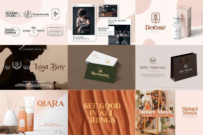 May include: A collection of graphic design branding assets including various company logos, business cards, product packaging, a film poster titled Lost Boy, a shopping bag, cosmetic bottles, and clothing store displays with text overlays.