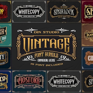 May include: A digital display featuring the Din Studio Vintage Font Bundle, showcasing ten distinct font styles with ornate borders and typography. The central text reads Vintage Font Bundle Commercial License 10 Font Included.