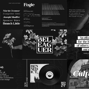 May include: A black and white digital font specimen sheet titled Fogie, displaying various typography samples, character sets, and layout examples. The grid includes text blocks, botanical imagery, a vinyl record, and architectural photography.