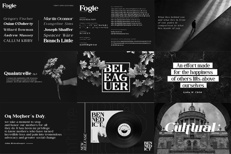 May include: A black and white digital font specimen sheet titled Fogie, displaying various typography samples, character sets, and layout examples. The grid includes text blocks, botanical imagery, a vinyl record, and architectural photography.