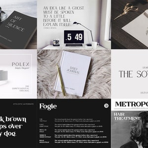 May include: A collage of nine images featuring various stationery and lifestyle items including a book titled Art of Silence, a desk with a clock, an envelope with the text Hana & Ryan, a watch, a daily journal, a book titled The Sottalogy, and typography samples.