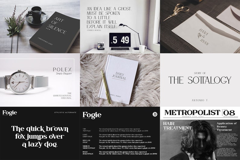 May include: A collage of nine images featuring various stationery and lifestyle items including a book titled Art of Silence, a desk with a clock, an envelope with the text Hana & Ryan, a watch, a daily journal, a book titled The Sottalogy, and typography samples.