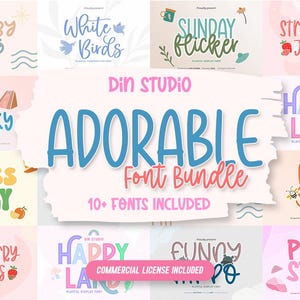 May include: A digital display sheet showcasing the Din Studio Adorable Font Bundle, featuring over ten distinct playful typefaces with names like Chubby Lines, White Birds, Sunday Flicker, Strawberry Junkies, Salty Milky, Happy Land, and Grass Jelly.