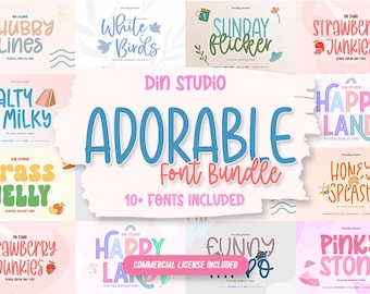 May include: A digital display sheet showcasing the Din Studio Adorable Font Bundle, featuring over ten distinct playful typefaces with names like Chubby Lines, White Birds, Sunday Flicker, Strawberry Junkies, Salty Milky, Happy Land, and Grass Jelly.