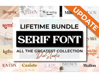 May include: A collection of serif fonts, displayed in a variety of styles and colors, with the text "LIFETIME BUNDLE SERIF FONT ALL THE GREATEST COLLECTION Din Studio" in black text on a white background.