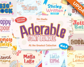 Pacote de Fontes Adoráveis | 13 Fontes Divertidas e 195 Ilustrações para Canva, Cricut e Procreate