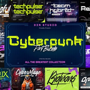 May include: A collection of cyberpunk-themed fonts, including "Techpulse", "Radiantne", "Mechline", "Etherix", "CyberMage", "Biotrons", "One Gate", "Rehangs", "Metrock", and "Featherful". The fonts are displayed on a variety of backgrounds, including neon green, purple, and blue.