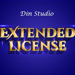 May include: A digital graphic on a blue background with the words "Extended License" in gold, 3D lettering. The text "Din Studio" is in white script at the top. Light flares add a visual effect.