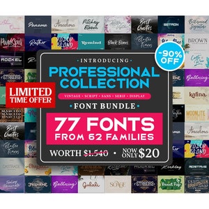 May include: A red and white graphic with the text "Introducing Professional Collection" and "77 Fonts from 62 Families". The graphic is surrounded by a grid of 77 different font styles, each with a unique name.