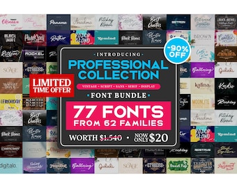 May include: A red and white graphic with the text "Introducing Professional Collection" and "77 Fonts from 62 Families". The graphic is surrounded by a grid of 77 different font styles, each with a unique name.
