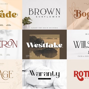 May include: A digital typography collection featuring nine distinct font styles labeled Carade, Brown Sunflower, Bogota, Atteron, Westlake, Wilson, Soage, Waranty, and Rottely, presented in various colors including gold, black, brown, and red.