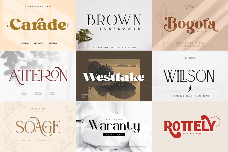 May include: A digital typography collection featuring nine distinct font styles labeled Carade, Brown Sunflower, Bogota, Atteron, Westlake, Wilson, Soage, Waranty, and Rottely, presented in various colors including gold, black, brown, and red.