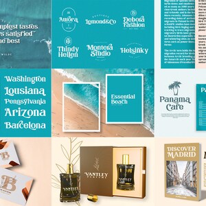 May include: A collection of graphic design elements including typography samples, logo concepts, beach photography, business cards, a Vantley perfume bottle in a box, and a Discover Madrid book cover with various text layouts and color palettes.