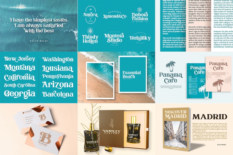 May include: A collection of graphic design elements including typography samples, logo concepts, beach photography, business cards, a Vantley perfume bottle in a box, and a Discover Madrid book cover with various text layouts and color palettes.