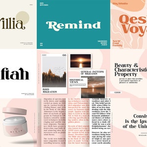 May include: A digital graphic design showcase featuring nine distinct panels displaying various typography styles, serif fonts, and layout compositions. The grid includes text samples like Revillia, Remind, Qeskile Voyage, Miftah, and Mekar Cosmetic, alongside photographic elements and quotes.