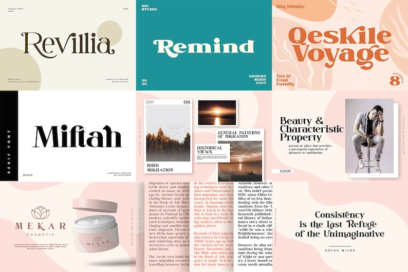 May include: A digital graphic design showcase featuring nine distinct panels displaying various typography styles, serif fonts, and layout compositions. The grid includes text samples like Revillia, Remind, Qeskile Voyage, Miftah, and Mekar Cosmetic, alongside photographic elements and quotes.