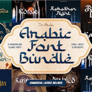 May include: A digital graphic display showcasing an Arabic Font Bundle with ten distinct typographic styles. The central label reads Arabic Font Bundle, surrounded by various font samples including Al-Ghazalia, Ramadhan Night, Ramadan Letter, Ramadan Greeting, Kahfee, Happy Ramadan, Luxury Ramadan, Karimah, and Arabico.