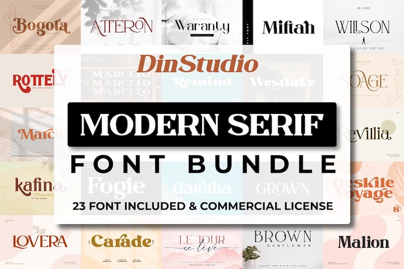 May include: A digital font bundle display featuring the text DinStudio, MODERN SERIF FONT BUNDLE, and 23 FONT INCLUDED & COMMERCIAL LICENSE. The background showcases various serif typeface examples including Bogota, Atteron, Waranty, Miftah, Wilson, and others.