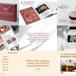 May include: A branding and design presentation featuring a maroon shopping bag with the Le Battique logo, a La Rosety flower catalog, Lariotta cosmetic cream packaging, Rome City brochures, wedding stationery, and typography samples.