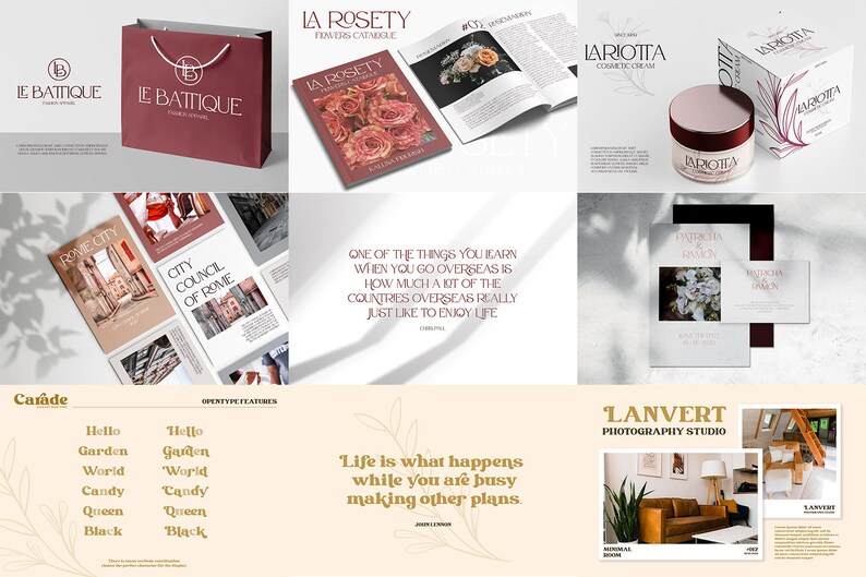 May include: A branding and design presentation featuring a maroon shopping bag with the Le Battique logo, a La Rosety flower catalog, Lariotta cosmetic cream packaging, Rome City brochures, wedding stationery, and typography samples.