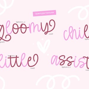 K&ouml;nnte beinhalten: Ein rosa Hintergrund mit wei&szlig;en Wirbeln und den Worten "OpenType Features" in einem rosa Kasten. Die W&ouml;rter "gloomy", "chill", "little" und "assist" sind in einer rosa und kastanienbraunen kursiven Schrift mit Ligaturen geschrieben. Die W&ouml;rter "g ss02", "y ss01", "t ss01" und "t ss02" sind in einer kleineren Schrift unter den W&ouml;rtern geschrieben.