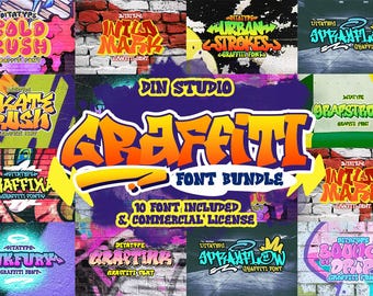 Peut inclure: Un affichage numérique du pack de polices Graffiti de Din Studio comprenant 10 polices de style graffiti. Le texte central indique Graffiti Font Bundle, 10 Font Included & Commercial License, entouré d'exemples colorés de chaque police.