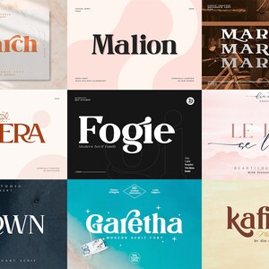 May include: A digital display featuring nine distinct typography samples with various serif and script fonts. The text includes the words March, Malion, Marcelo, Lovera, Fogie, Le jour se l&egrave;ve, Grown, Garetha, and kafina in diverse colors and styles.