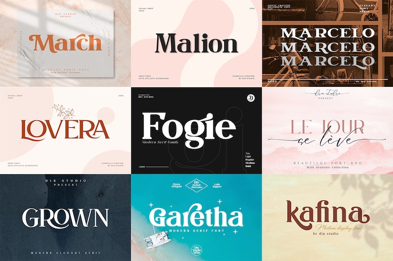 May include: A digital display featuring nine distinct typography samples with various serif and script fonts. The text includes the words March, Malion, Marcelo, Lovera, Fogie, Le jour se l&egrave;ve, Grown, Garetha, and kafina in diverse colors and styles.