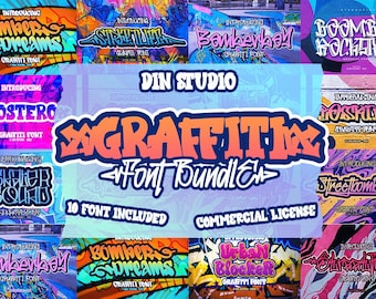 Peut inclure: Un affichage numérique présentant le pack de polices Graffiti DIN Studio, comprenant dix polices de style graffiti distinctes sur des arrière-plans colorés. Le texte central indique Graffiti Font Bundle, avec 10 Font Included et Commercial License.
