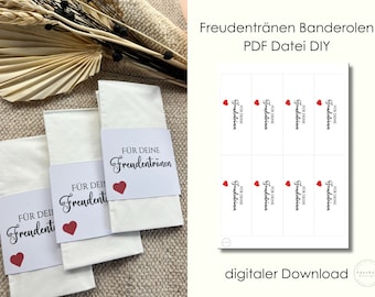 DIY Hochzeit Freudentränen - Banderole für Taschentücher als PDF, Taschentuch Banderole, Romantisches Brautpaar Geschenk