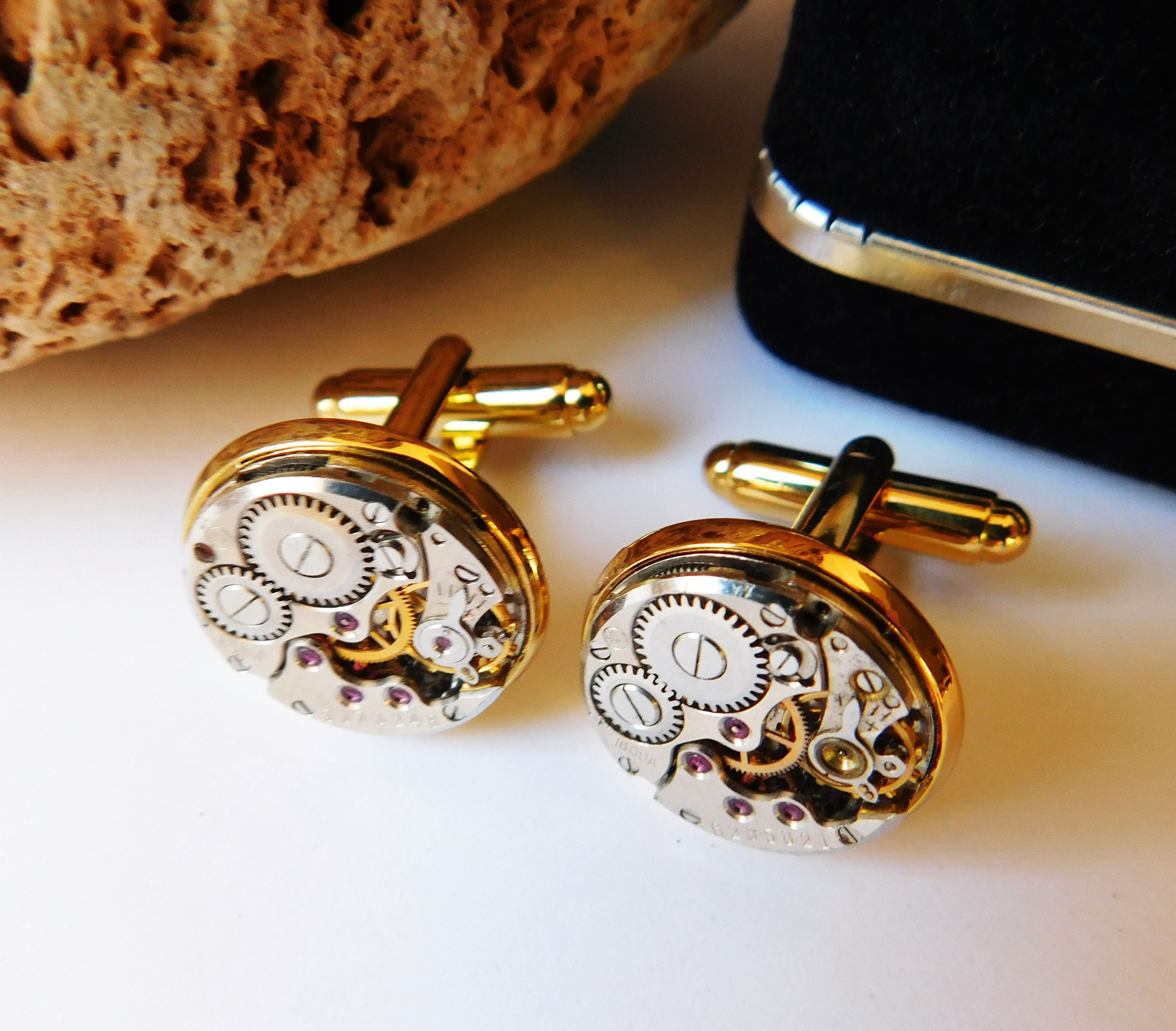 Cufflinks vintage Watch golden tone cufflinks cuff links set Etsy