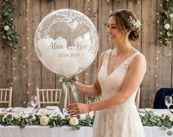 Personalisierter Bubble Ballon Hochzeit | Hochzeitsgeschenk | Hochzeitsdeko | Geschenkballon mit Luft | Fotodeko | Weiß Eukalyptus