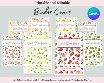 May include: Set of six printable and editable binder covers featuring various fruit designs. The covers are in US Letter size and are editable in Canva. The designs include watermelon, lemons, strawberries, bananas, peaches, and kiwi.