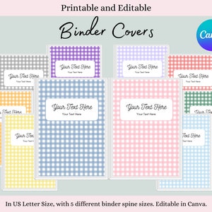 May include: Ten printable and editable binder covers in US Letter size with five different spine sizes. The covers feature a gingham pattern in various colours, including purple, blue, pink, yellow, and green. Each cover has a text box that says "Your Text Here".